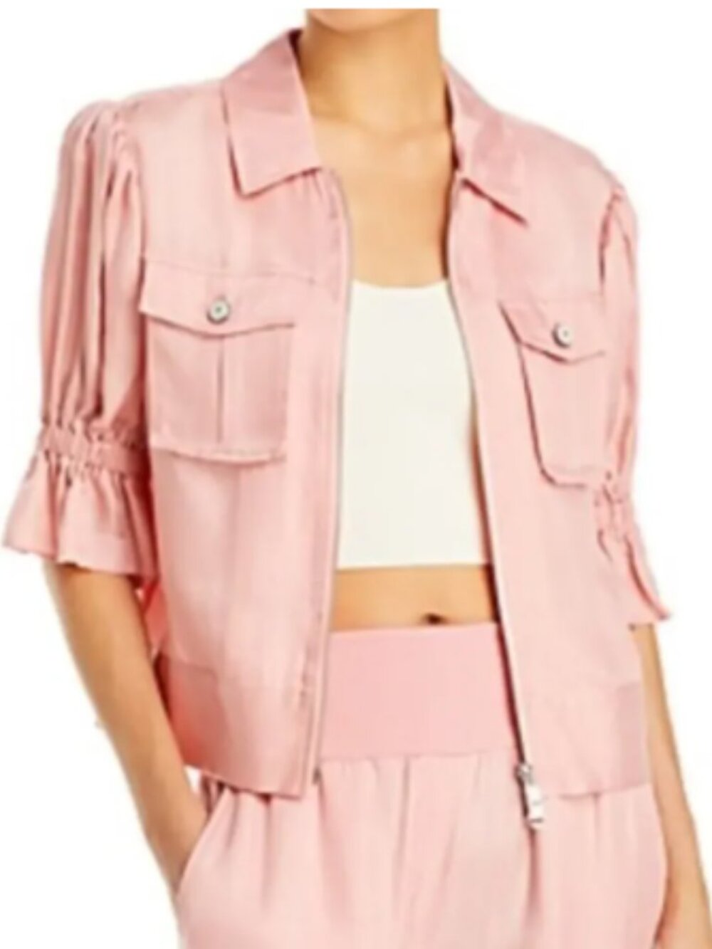 Cinq à Sept Holly Jacket Size Small Pink Sateen Utility Zip Up Ruffle Sleeve
